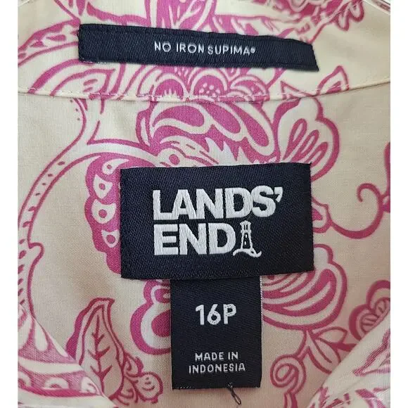 LANDS END Petite 16 16P Blouse Supima Cotton No Iron Paisley Cream Pink 46" Bust - Picture 3 of 7